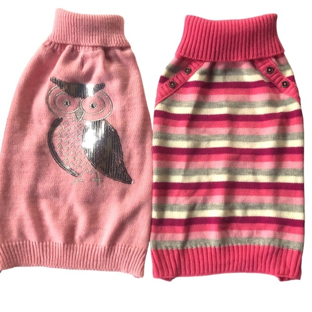 NWOT Pair pink owl turtle beck striped dog sweaters L